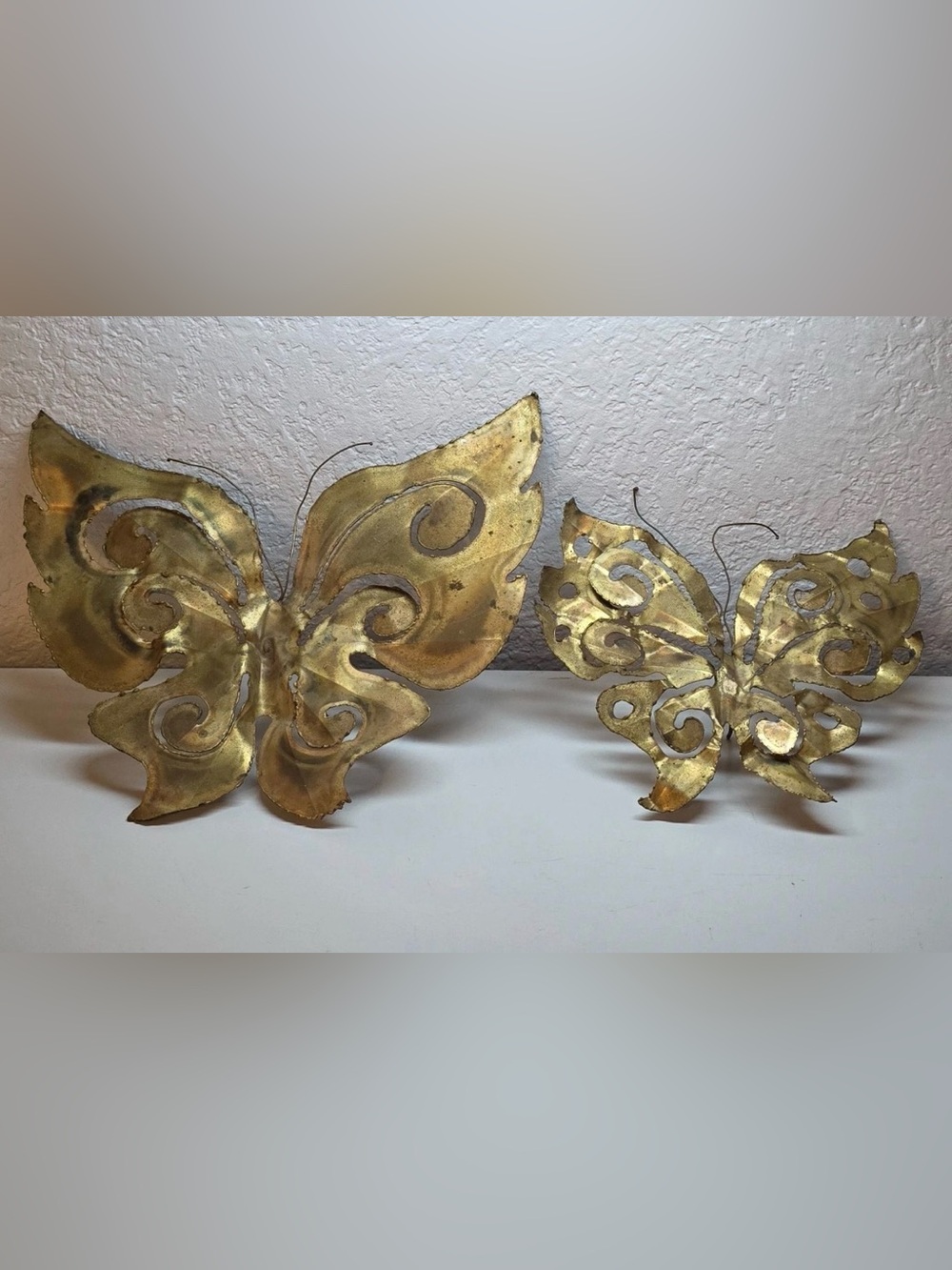 Pair Vtg MCM Brutalist Torch Cut Brass Butterfly Wall Sculpture Art Jere Style